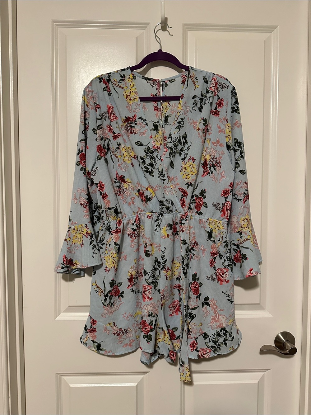 Light Blue Floral Wrap Romper - Women's Floral V-Neck Top
